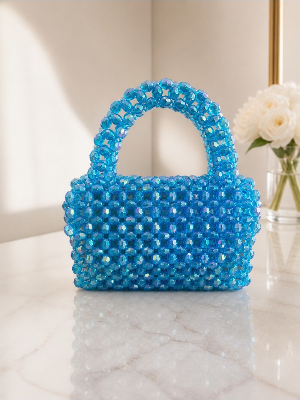 Blue Beaded Mini Tote Bag - Fashion Accessory
